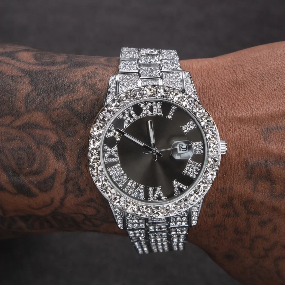 Men's Silver Crystal-Accent Black Dial Watch - Luxury Style